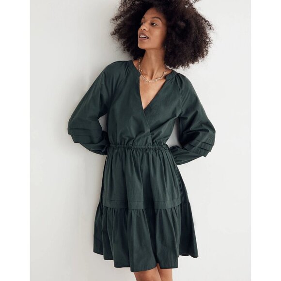 Madewell Crinkle Poplin Wrap Mini Dress Medium Green Drawstring Waist - Picture 1 of 11